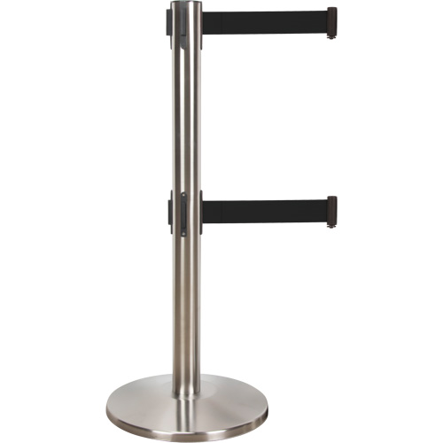 Barri&egrave;re pour le contr&ocirc;le des foules &agrave; courroie double, Acier, 35" h, Ruban Noir, Longueur du ruban 7' Cintas