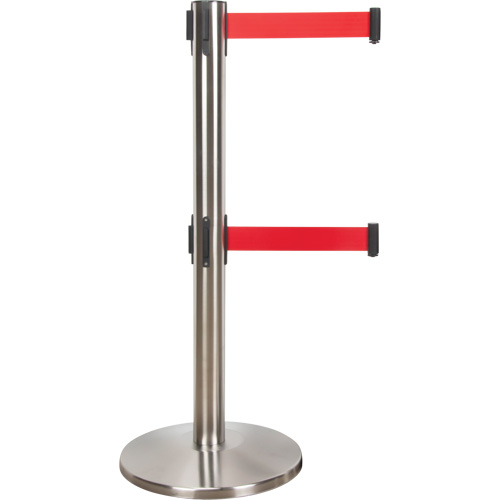 Barri&egrave;re pour le contr&ocirc;le des foules &agrave; courroie double, Acier, 35" h, Ruban Rouge, Longueur du ruban 7' Cintas