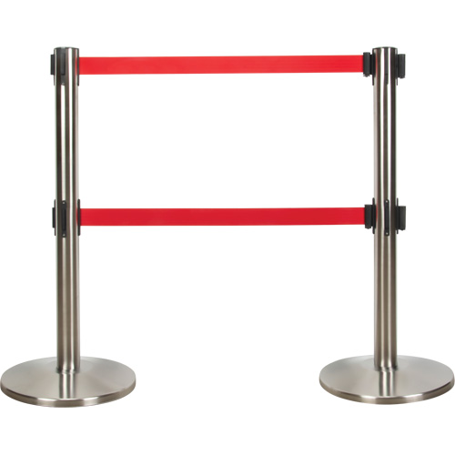 Barri&egrave;re pour le contr&ocirc;le des foules &agrave; courroie double, Acier, 35" h, Ruban Rouge, Longueur du ruban 7' Cintas