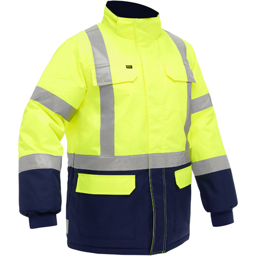 Manteau pour le froid extr&ecirc;me avec bas bleu marin et X au dos Bisley, Polyester, Jaune lime haute visibilit&eacute;, Moyen Cintas