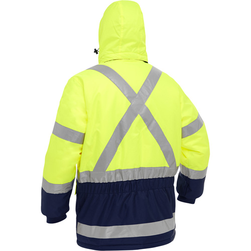 Manteau pour le froid extr&ecirc;me avec bas bleu marin et X au dos Bisley, Polyester, Jaune lime haute visibilit&eacute;, Moyen Cintas