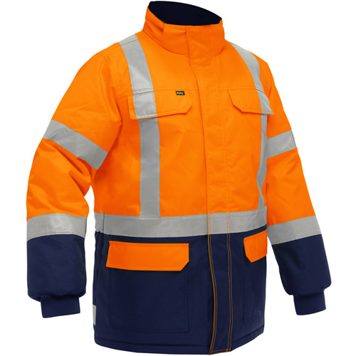 Manteau pour le froid extr&ecirc;me avec bas bleu marin et X au dos Bisley, Polyester, Orange haute visibilit&eacute;, 4T-Grand Cintas
