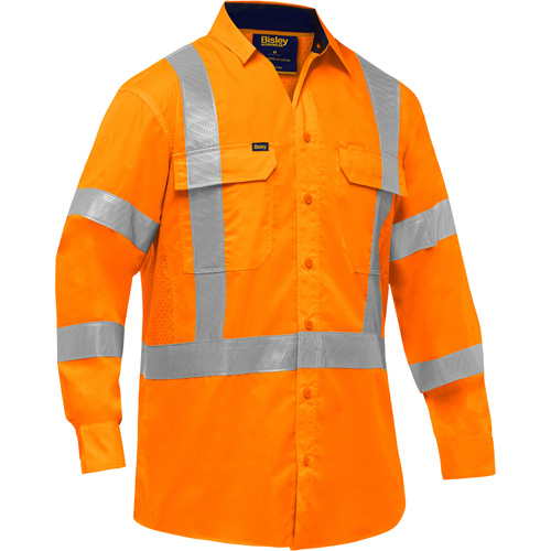 Chemise de travail &agrave; manches longues et X au dos Bisley avec X-Airflow, Poly-coton, Petit, Orange haute visibilit&eacute; Cintas