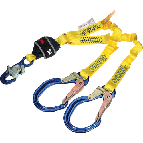 Twin-Leg Stretch Web Shock-Absorbing Lanyard, 4', Rebar Hook Center, Snap Hook Leg Ends Cintas
