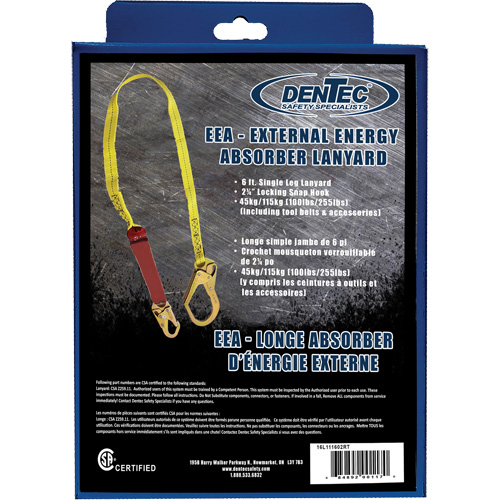 External Energy Absorber Lanyard with 2-1/4" Hook in Retail Box, 6', Snap Hook Center, Snap Hook Leg Ends, Polyester Cintas
