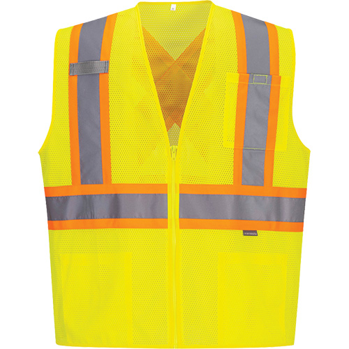 Contrast-Striped Safety Vest, High Visibility Lime-Yellow, Small, Polyester Cintas
