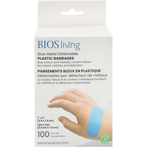 Blue Water-Resistant Bandages, Rectangular/Square, 3", Plastic Metal Detectable, Sterile Cintas