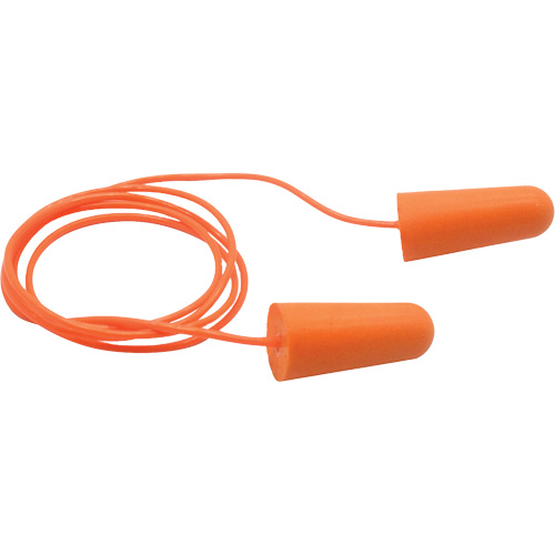 Bouchons d'oreilles coniques jetables en mousse de PU orange SEALTEC33, Avec cordon, Vrac - Boîte, 33 dB NRR, Taille unique Cintas