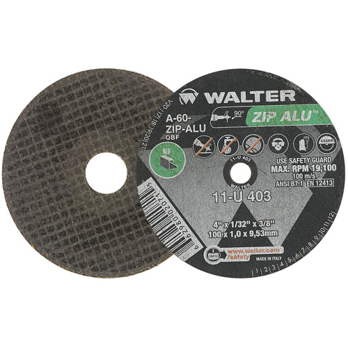 Meule ZIP ALU, 4" x 1/32", Arbre de 3/8", Type 1, Oxyde d'aluminium, 19100 Tr/min Cintas