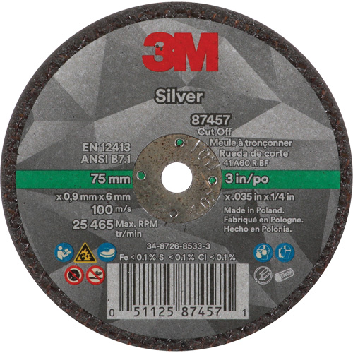 Silver Cut-Off Wheel, 3" x 0.04", 1/4"-28 Arbor, Type 1, Ceramic, 25645 RPM Cintas