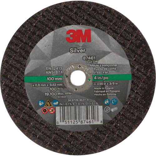 Silver Cut-Off Wheel, 4" x 0.04", 3/8"-24 Arbor, Type 1, Ceramic, 19100 RPM Cintas