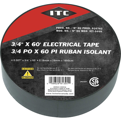 IET-3460 Ruban isolant, Ruban &eacute;lectrique, Rubans isolant, 19 mm (3/4") x 18,28 m (60'), Noir Cintas