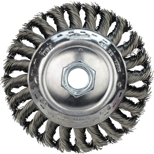 Disque m&eacute;tallique &agrave; fils &eacute;troits nou&eacute;s, Dia. 4", Fils 0,02", Arbre 5/8"-11, Acier au carbone Cintas