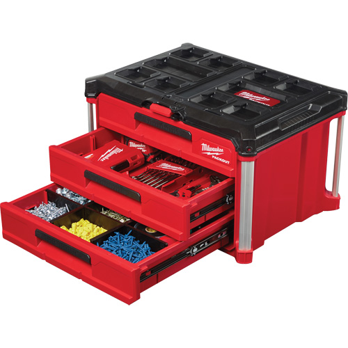 Boîte &agrave; outils avec 3 tiroirs Packout, 16-1/3" x 14-1/3" x 22-1/5", Noir/Rouge Cintas