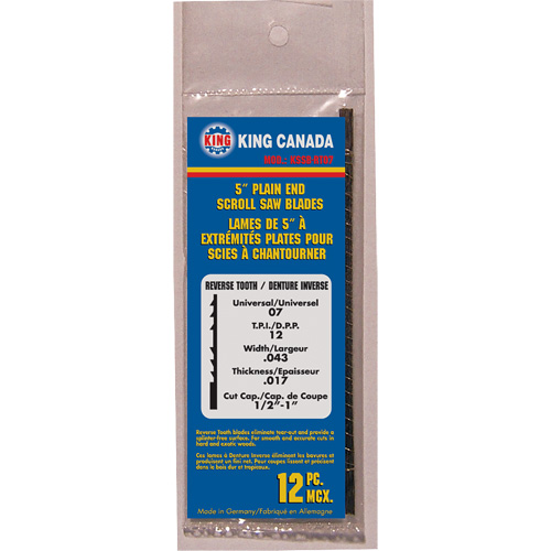 12 lames de scie &agrave; chantourner &agrave; dents invers&eacute;es, Coupe spirale, 0,05" la x 5" lo, 12 dents par pouce Cintas
