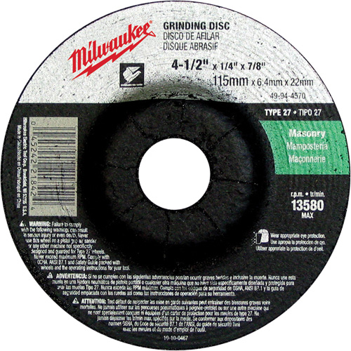 Grinding Wheel, 4-1/2" x 1/4", 7/8" Arbor, Silicon Carbide, Type 27 Cintas