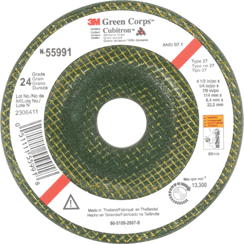 Green Corps Depressed Centre Wheel, 4-1/2" x 1/4", 7/8" Arbor, Ceramic, Type 27 Cintas