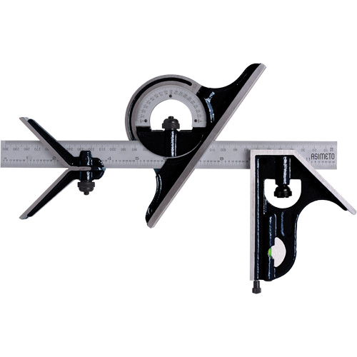 Combination Square Set with E/M Rule, 4 pcs., 1/64"/0.5 mm Graduations, Steel, Plain Cintas