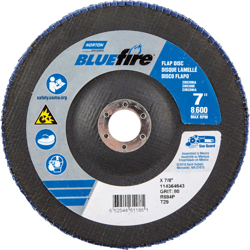 BlueFire R884P Coarse Grit Flap Disc, 7" x 7/8", Type 27, 80 Grit, Zirconia Alumina Cintas
