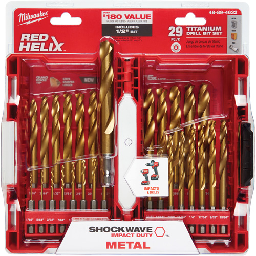 Shockwave Red Helix Drill Bit Set, 29 Pieces, Titanium Cintas