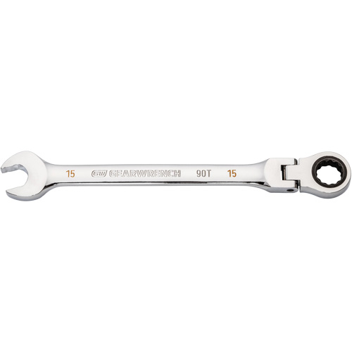 90-Tooth Flex Head Ratcheting Combination Wrench, 12 Point, 15 mm, Chrome Finish Cintas