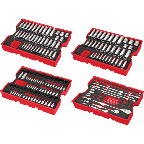 Jeu de cliquets et douilles m&eacute;triques et SAE avec organisateur PACKOUT &agrave; profil bas, 242 Mcx, Chocs, Prise de 1/4"/3/8"/1/2", Profond Cintas