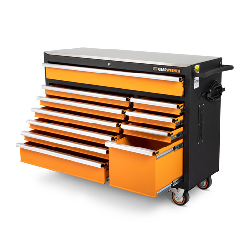 Rolling Tool Cabinet with Stainless Steel Worktop, 11 Drawers, 52" W x 18" D x 36" H, Black/Orange Cintas