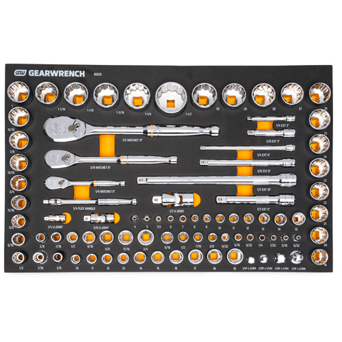 Jeu d'outils SAE/m&eacute;triques pour m&eacute;canicien &agrave; 90 dents 1/4", 3/8" & 1/2" avec plateau de rangement en mousse Cintas