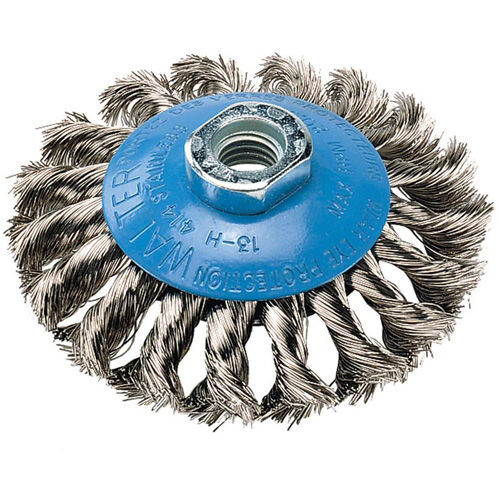 Knot-Twisted Saucer Cup Wire Wheel, 7" Dia., 0.02" Fill, 5/8"-11 Arbor, Aluminum/Stainless Steel Cintas