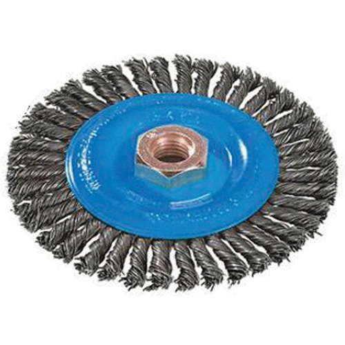 Stringer Bead Knotted Wire Brush, 4" Dia., 0.02" Fill, 5/8"-11 Arbor, Aluminum/Stainless Steel Cintas