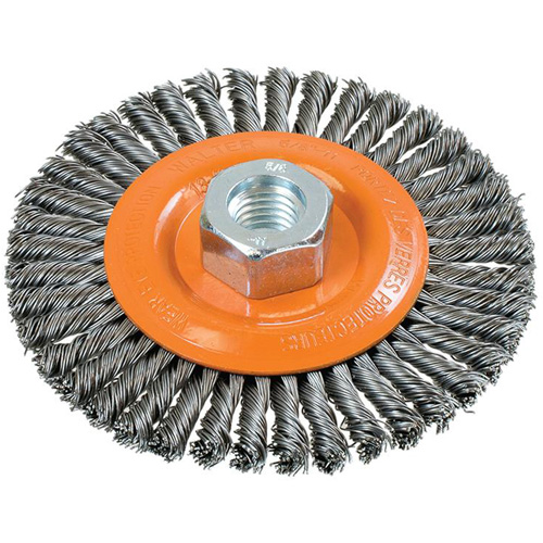 Stringer Bead Knotted Wire Brush, 4-1/2" Dia., 0.02" Fill, 5/8"-11 Arbor, Steel Cintas