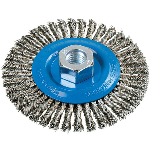 Stringer Bead Knotted Wire Brush, 4-1/2" Dia., 0.02" Fill, 5/8"-11 Arbor, Aluminum/Stainless Steel Cintas