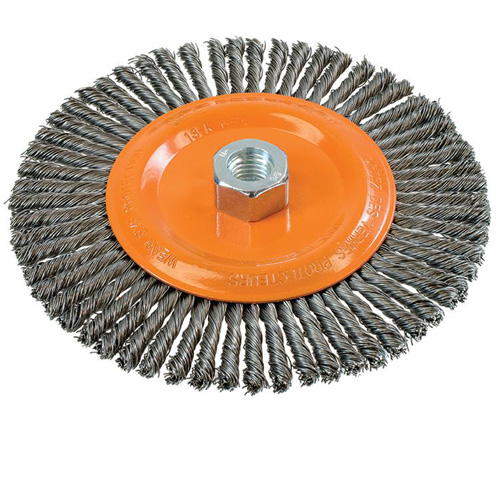 Stringer Bead Knotted Wire Brush, 6-7/8" Dia., 0.02" Fill, 5/8"-11 Arbor, Steel Cintas