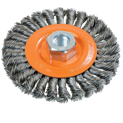 Wide Knotted Wire Wheel Brush, 4-1/2" Dia., 0.02" Fill, 5/8"-11 Arbor, Steel Cintas