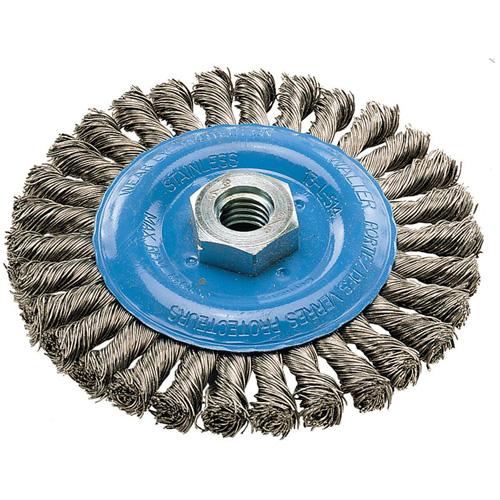 Wide Knotted Wire Wheel Brush, 5" Dia., 0.02" Fill, 5/8"-11 Arbor, Aluminum/Stainless Steel Cintas