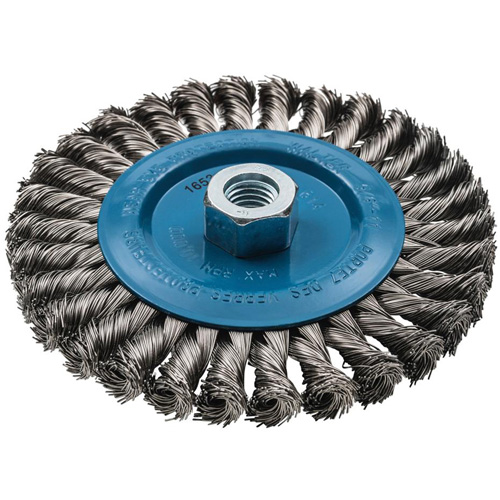 Wide Knotted Wire Wheel Brush, 6" Dia., 0.02" Fill, 5/8"-11 Arbor, Aluminum/Stainless Steel Cintas