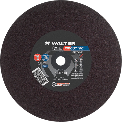 Ripcut Stainless Steel & Steel Cut-Off Wheel for Stationary Saws, 14" x 1/8", 1" Arbor, Type 1, Aluminum Oxide, 4400 RPM Cintas