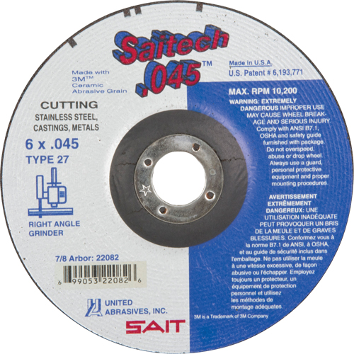 Cut-Off Wheel, 6" x 0.045", 7/8" Arbor, Type 27, Aluminum Oxide/Ceramic, 10200 RPM Cintas