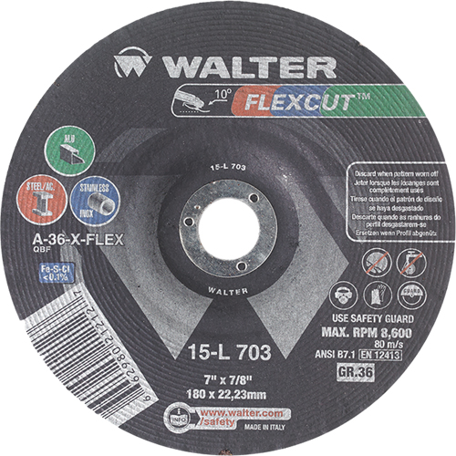 Flexcut Depressed Centre Grinding Wheels, 7", 36 Grit, Aluminum Oxide, 7/8", 8600 RPM, Type 29 Cintas