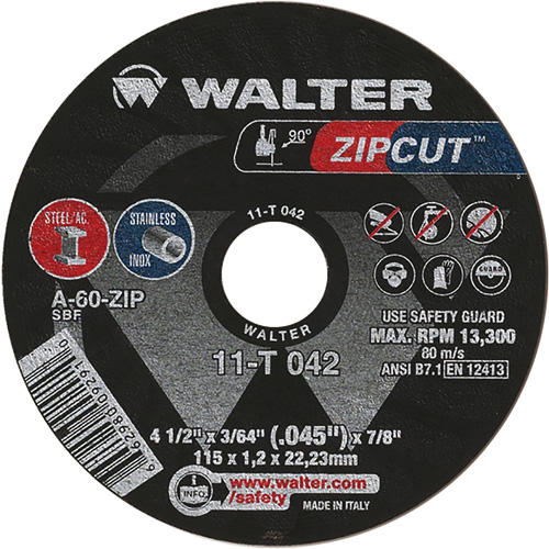 Meule &agrave; tronçonner Zipcut, 4-1/2" x 3/64", Arbre de 7/8", Type 1, Oxyde d'aluminium, 13 300 Tr/min Cintas