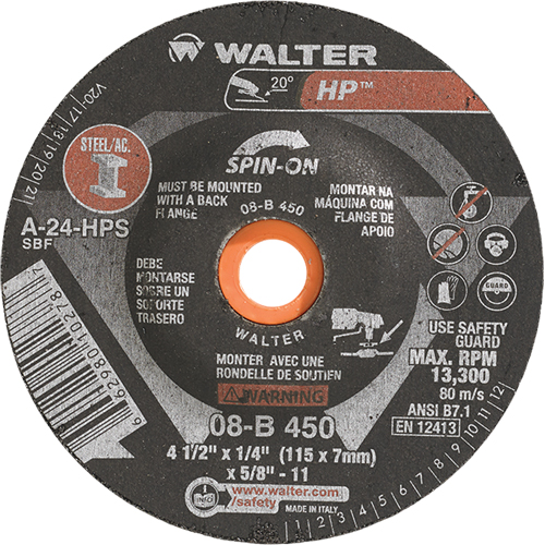 Meule HP vissable, 4-1/2" x 1/4", Arbre de 5/8"-11, Type 27S Cintas