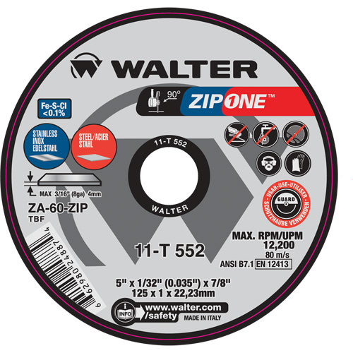 Zip One Cut-Off Wheel, 5" x 1/32", 7/8" Arbor, Type 1, Zirconia Alumina, 12200 RPM Cintas