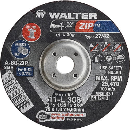 Disque de meulage et de tronçonnage Zip, 3" x 1/13", Arbre de 3/8", Type 27, Grain de 60, Oxyde d'aluminium Cintas