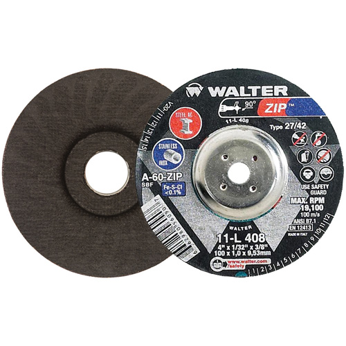 Disque de meulage et de tronçonnage Zip, 4" x 1/32", Arbre de 3/8", Type 27, Grain de 60, Oxyde d'aluminium Cintas