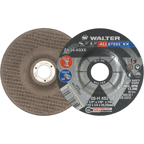 Meules &agrave; moyeu d&eacute;port&eacute; ALLSTEEL XX, 4-1/2" x 1/8", Arbre de 7/8", Type 27, Alumine de zirconium, 13 300 Tr/min Cintas