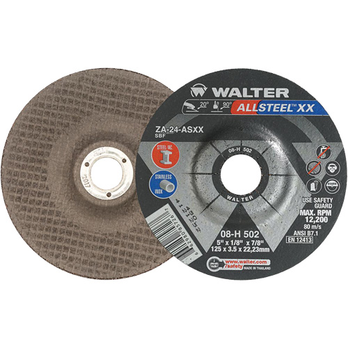 Meules &agrave; moyeu d&eacute;port&eacute; ALLSTEEL XX, 5" x 1/8", Arbre de 7/8", Type 27, Alumine de zirconium, 12 200 Tr/min Cintas