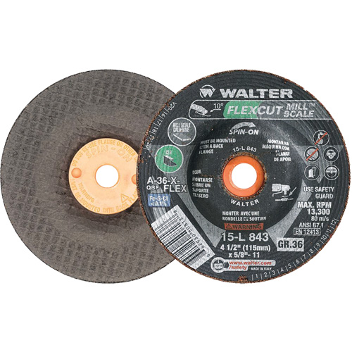 FLEXCUT MILL SCALE Grinding Wheel, 4-1/2", 36 Grit, Aluminum Oxide, 5/8"-11, 13300 RPM, Type 29 Cintas