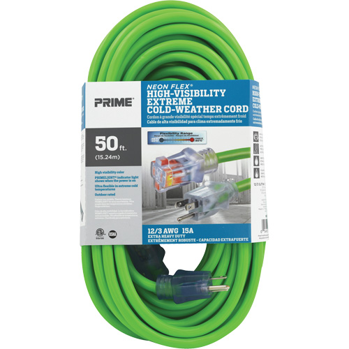 Cordon rallonge haute visibilit&eacute; Neon Flex, Ext&eacute;rieur, SJTW, AWG 12/3, 15 A, 50' Cintas