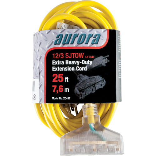 Vinyl Extension Cord with Light Indicator, Outdoor, SJTOW, 12/3 AWG, 15 A, 3 Outlet(s), 25' Cintas