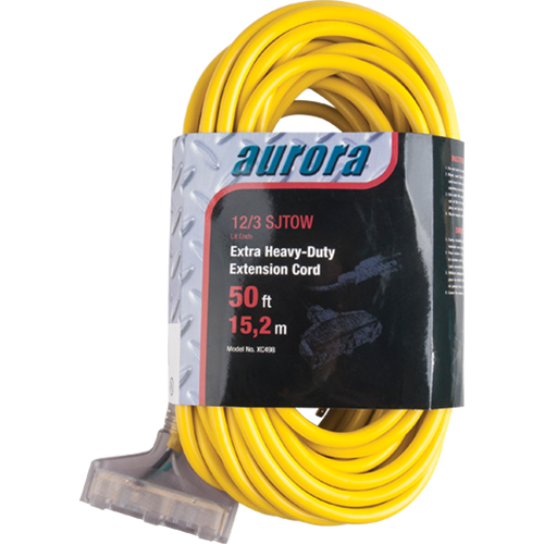 Vinyl Extension Cord with Light Indicator, Outdoor, SJTOW, 12/3 AWG, 15 A, 3 Outlet(s), 50' Cintas